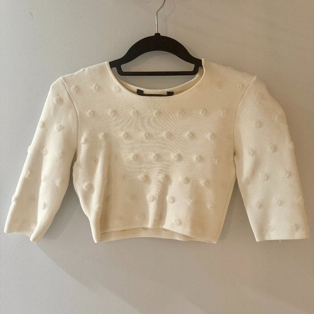 BCBGMAXAZRIA Cream Polka Dot Textured Short Sleeve Crop Knit Sweater